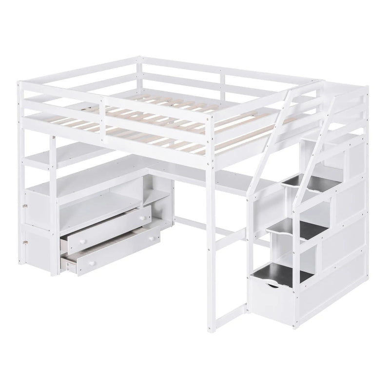 Loft Bed With Desk, Shelves, 2 Drawers, Storage Staircase