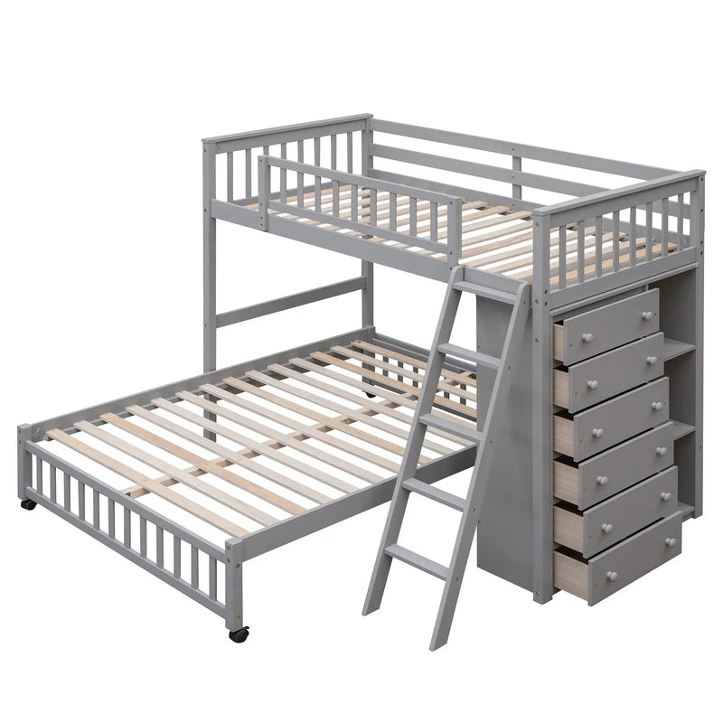 Bunk Bed With 6 Drawers And Flexible Shelves, Bottom Bed With Wheels by Unique Piece Furniture