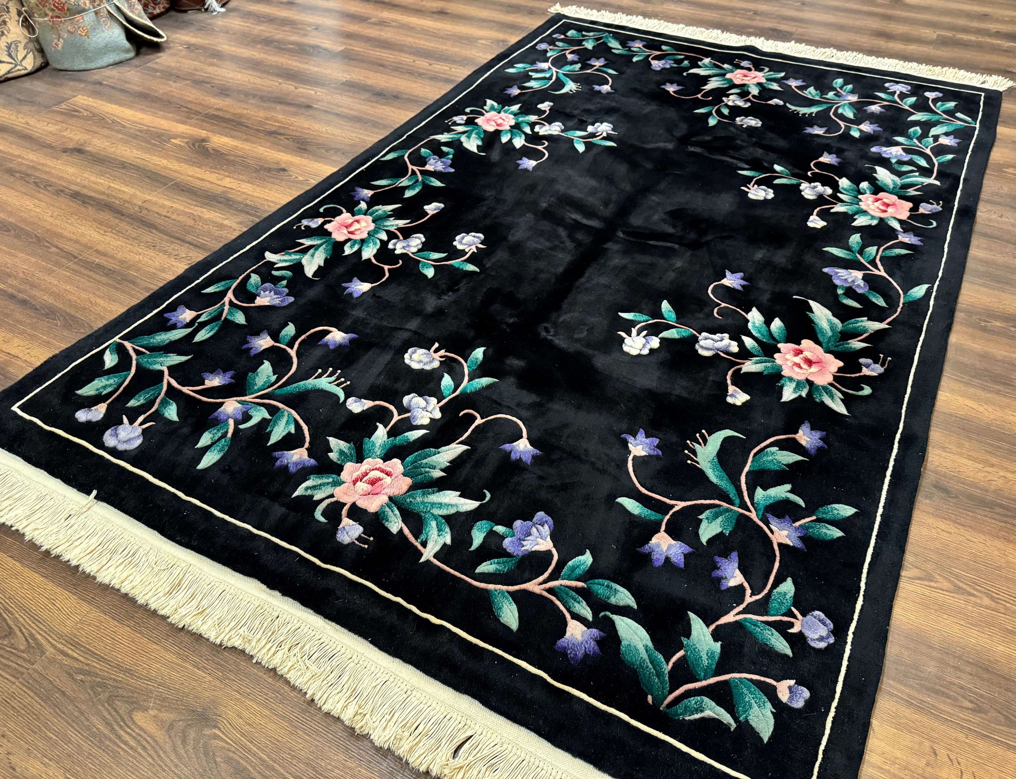 Chinese Wool Rug 6x9, Black, Floral, Minimal Design, 90 Line Carpet, Vintage Art Deco Rug by Jewel Rugs