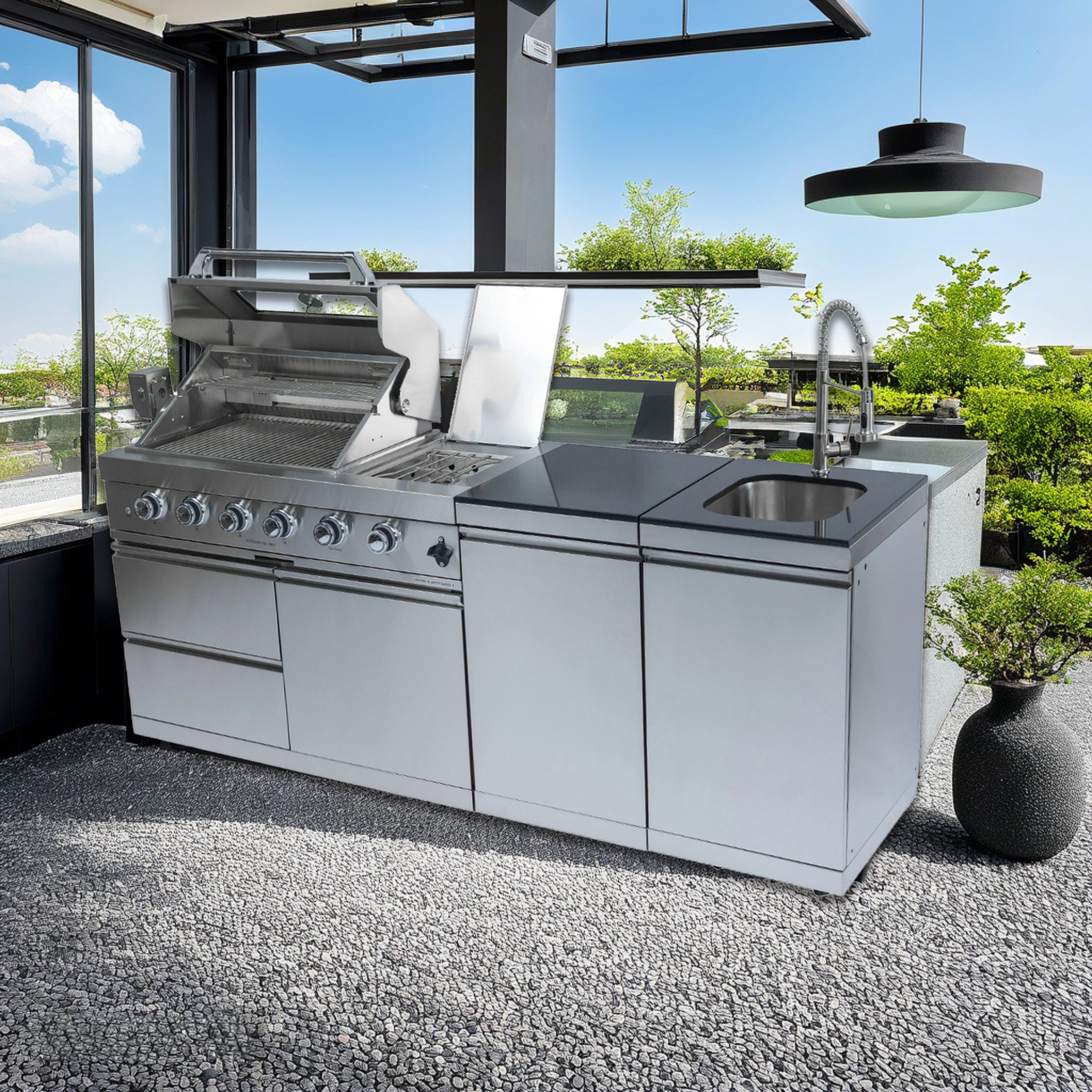 85" 4-Burner 72,000 BTU Silver Outdoor Kitchen Island Grill + Side Burner + Storage Cabinets & Drawers by Chery Industrial