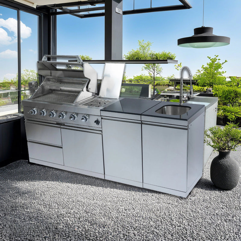 85" 4-Burner 72,000 BTU Silver Outdoor Kitchen Island Grill + Side Burner + Storage Cabinets & Drawers by Chery Industrial