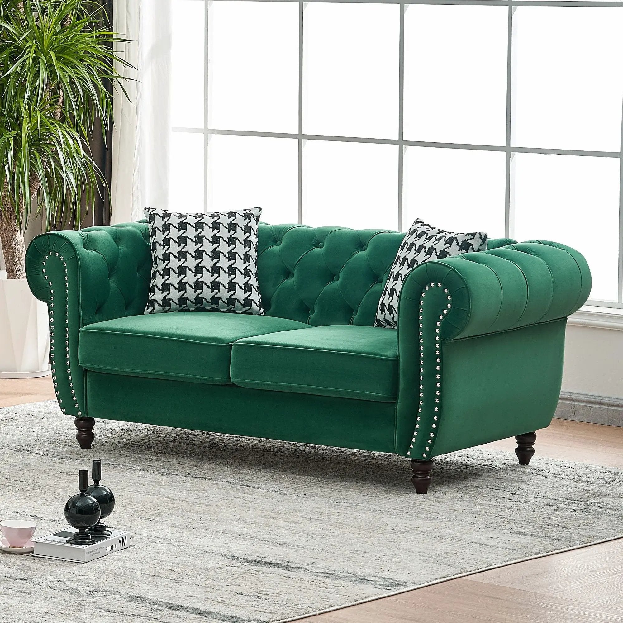 Chesterfield Fabric Sofa With Roll Armrest And Nailhead, Mid Century 2 Seater Couch by HouseOfZazla
