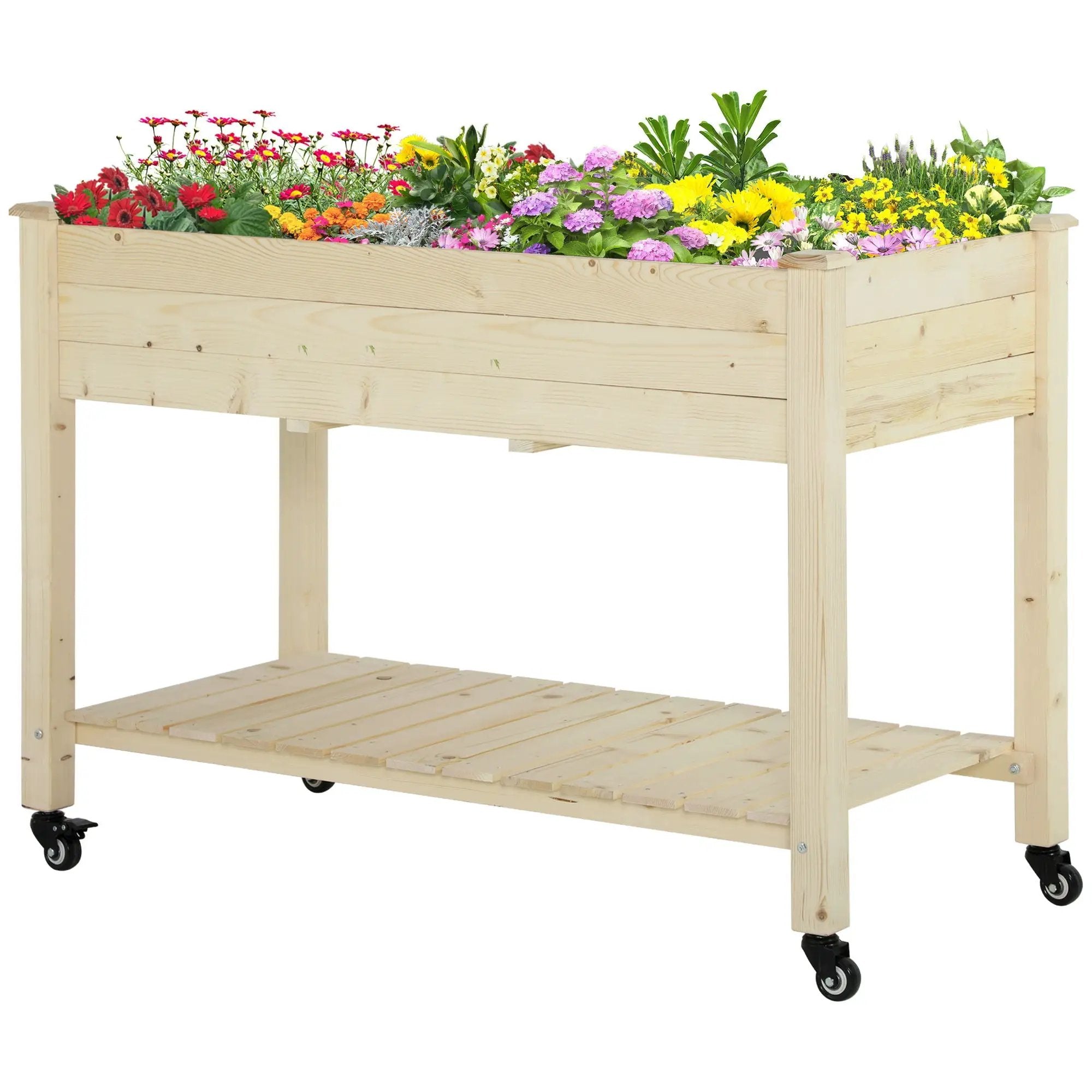 Outsunny - Raised Garden Bed, 47" x 22" x 33", Elevated Wooden Planter Box With Lockable Wheels, Storage Shelf, And Bed Liner For Backyard, Patio - Natural by HouseOfZazla