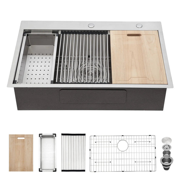 Drop In Kitchen Sink With Workstation, 16 Gauge - Brushed Nickel