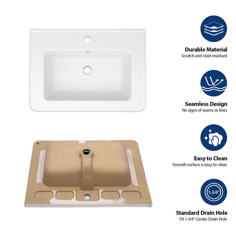 Rectangular Single Vanity Top With 1 Faucet Hole And Overflow, 28 X 19" - White by HouseOfZazla
