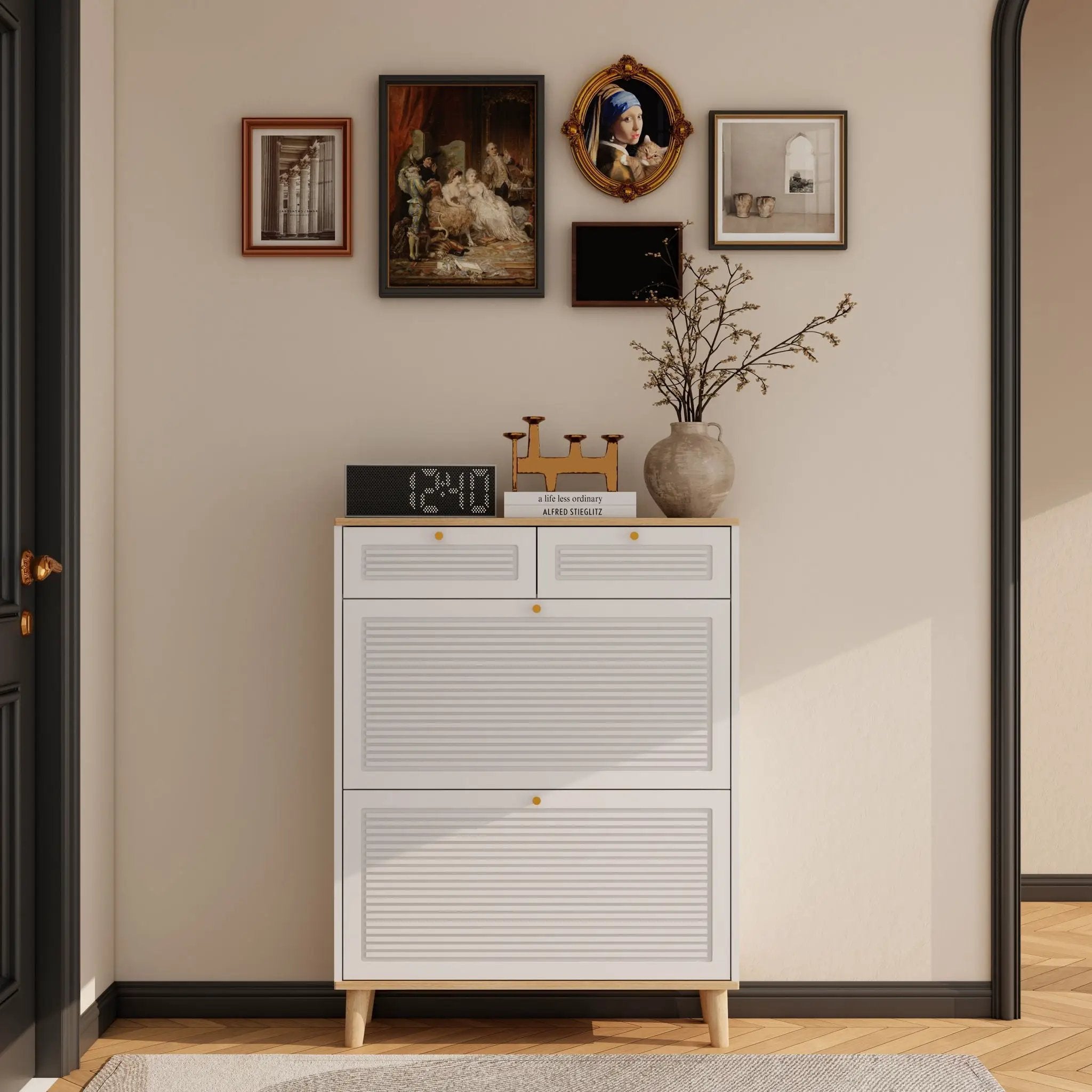 Modern Freestanding Shoe Cabinet With Flip Up Doors And Drawers, Compact Design For Entryway - White Natural by HouseOfZazla