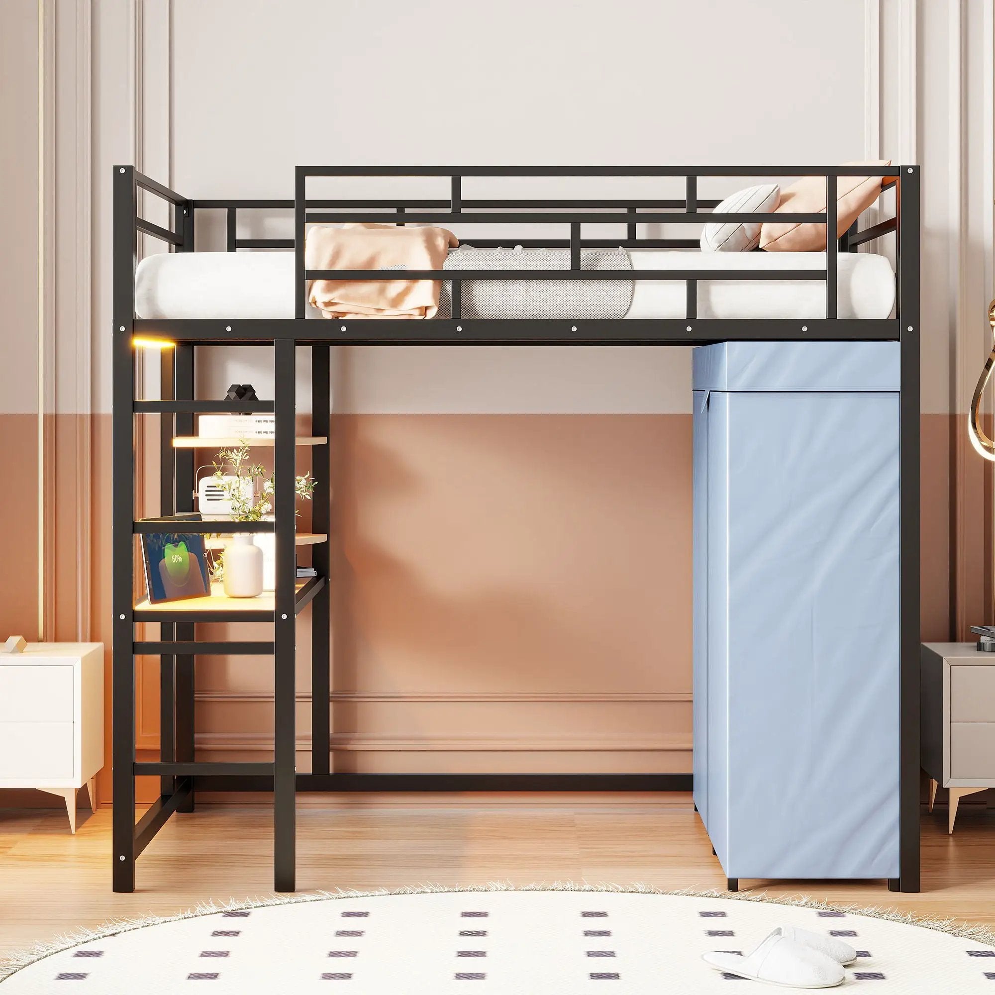 Loft Bed With Desk, Shelves, Power Outlet, LED Light And Wardrobe by HouseOfZazla