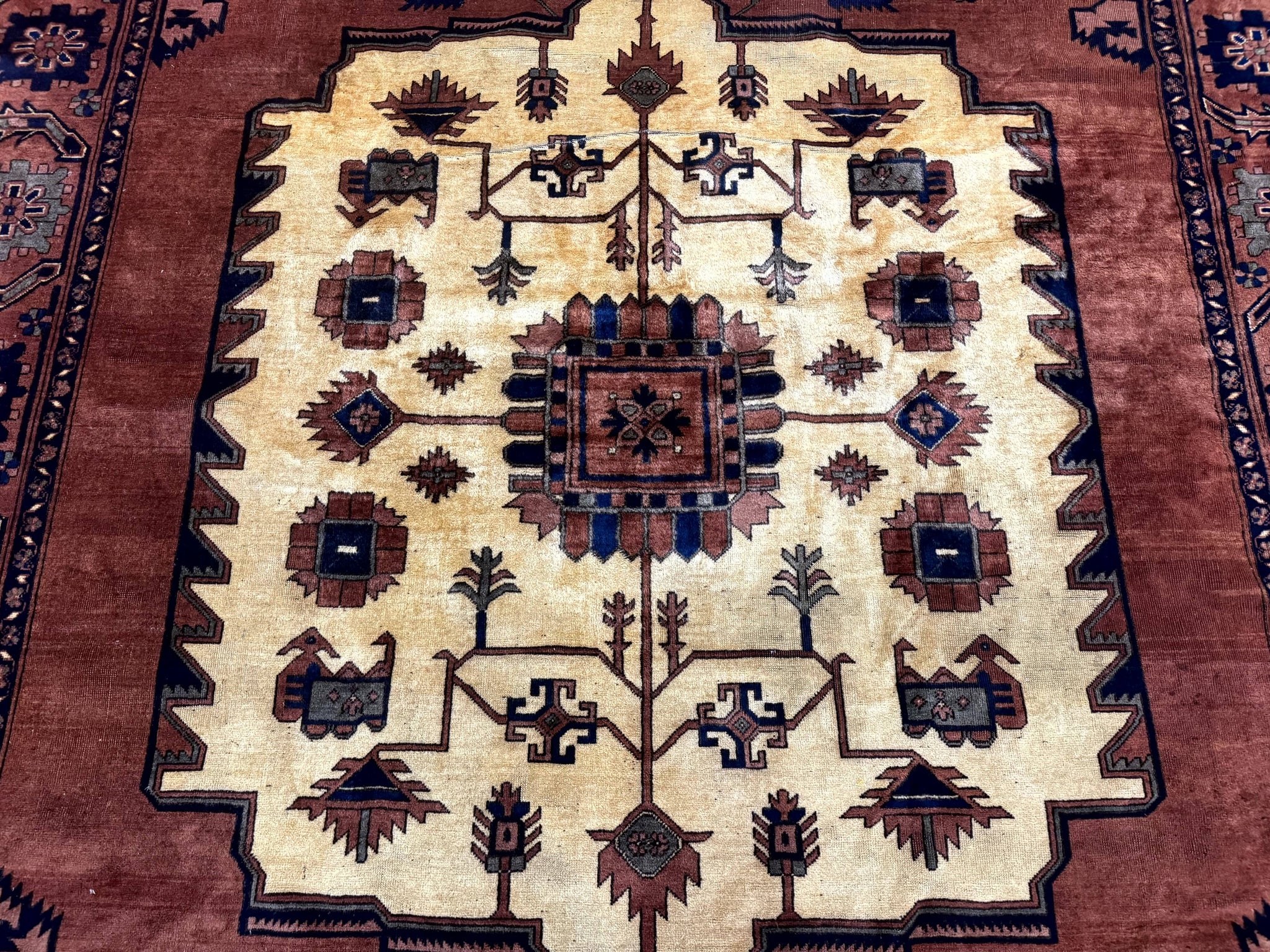 Afghan Heriz Rug 9x12, Tribal Geometric Serapi Carpet, Rust Cream and Navy, Wool on Wool by Jewel Rugs