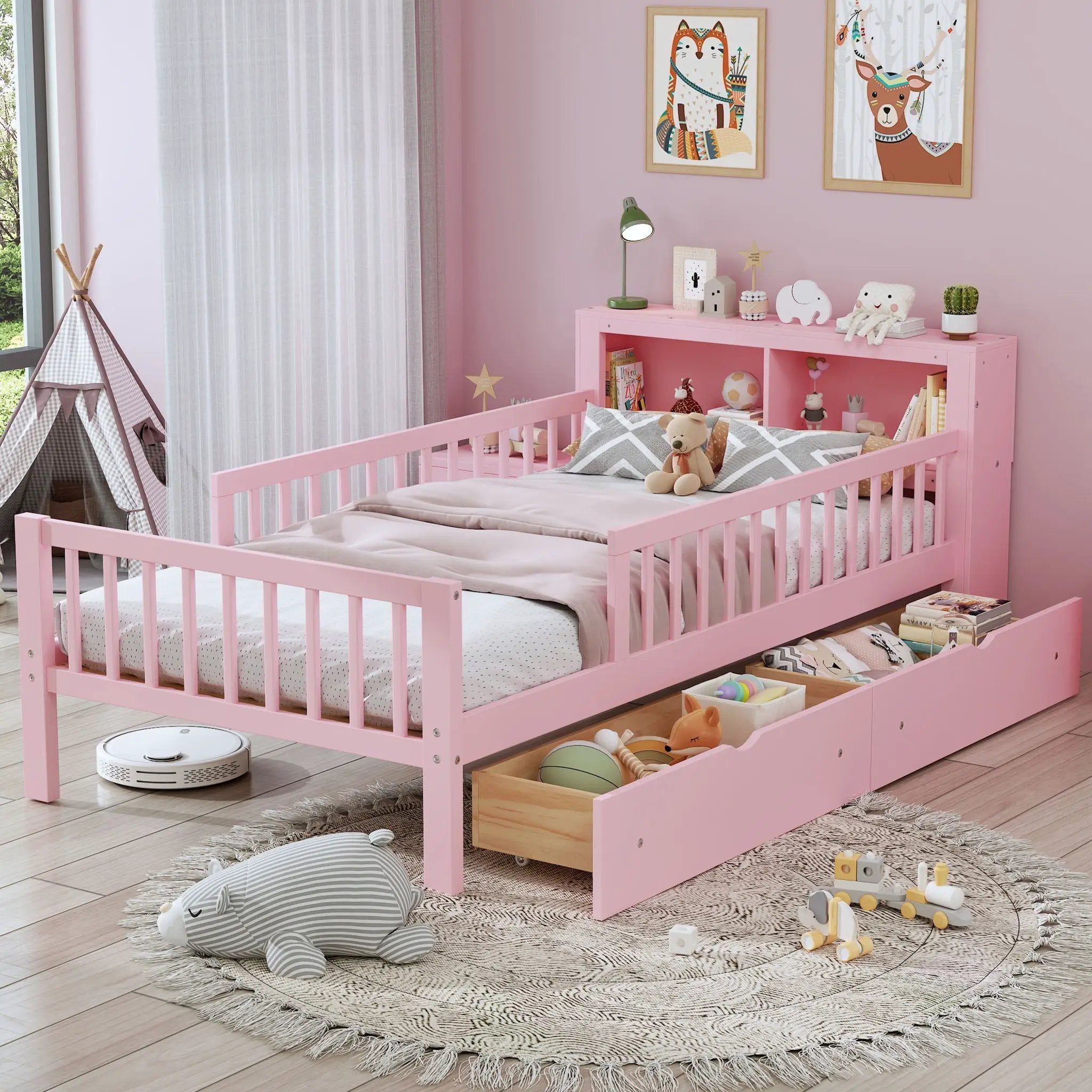 Bed With Headboard Storage Rack, 2 Under Bed Drawers, 3 Side Guardrails For Safety by HouseOfZazla
