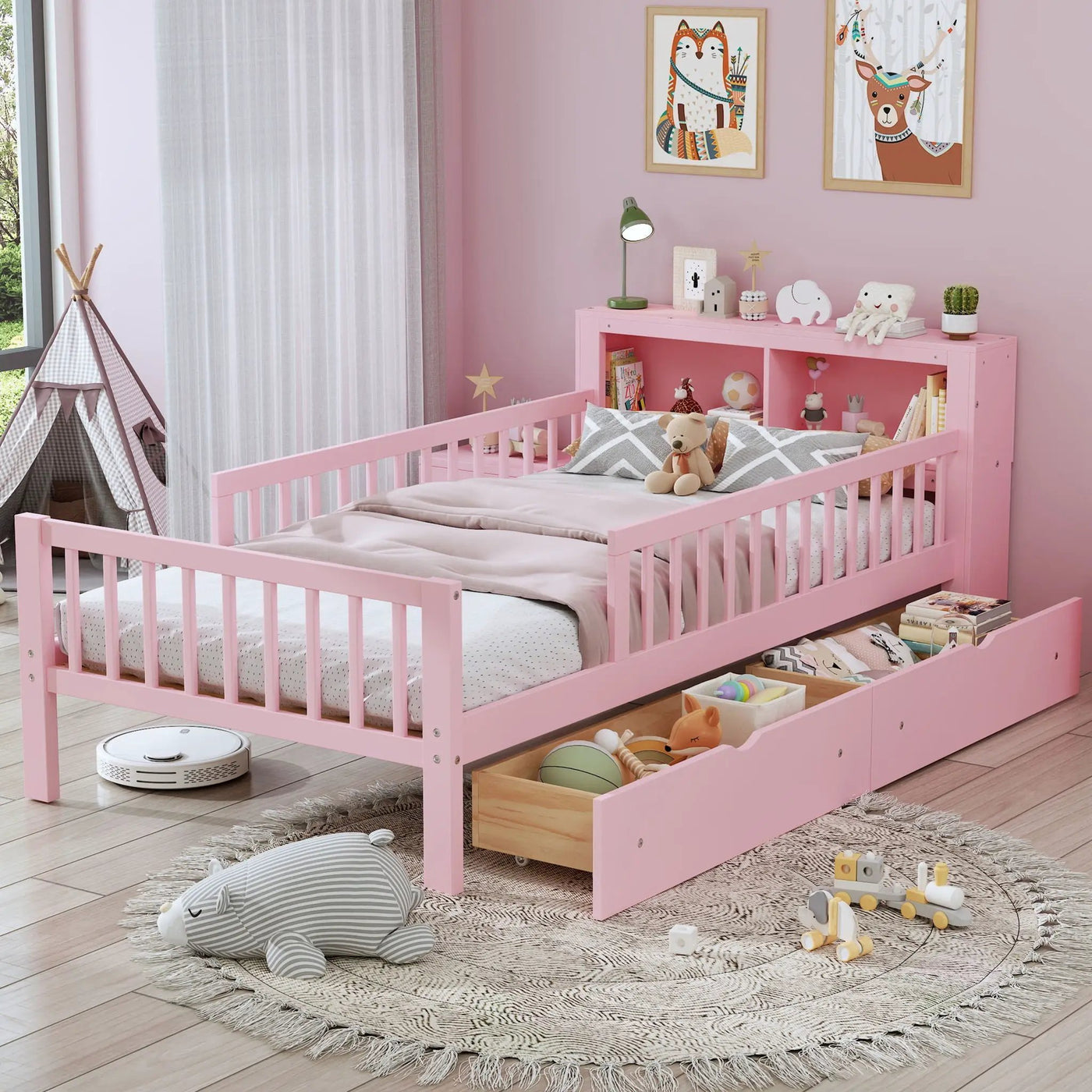 Bed With Headboard Storage Rack, 2 Under Bed Drawers, 3 Side Guardrails For Safety by Unique Piece Furniture