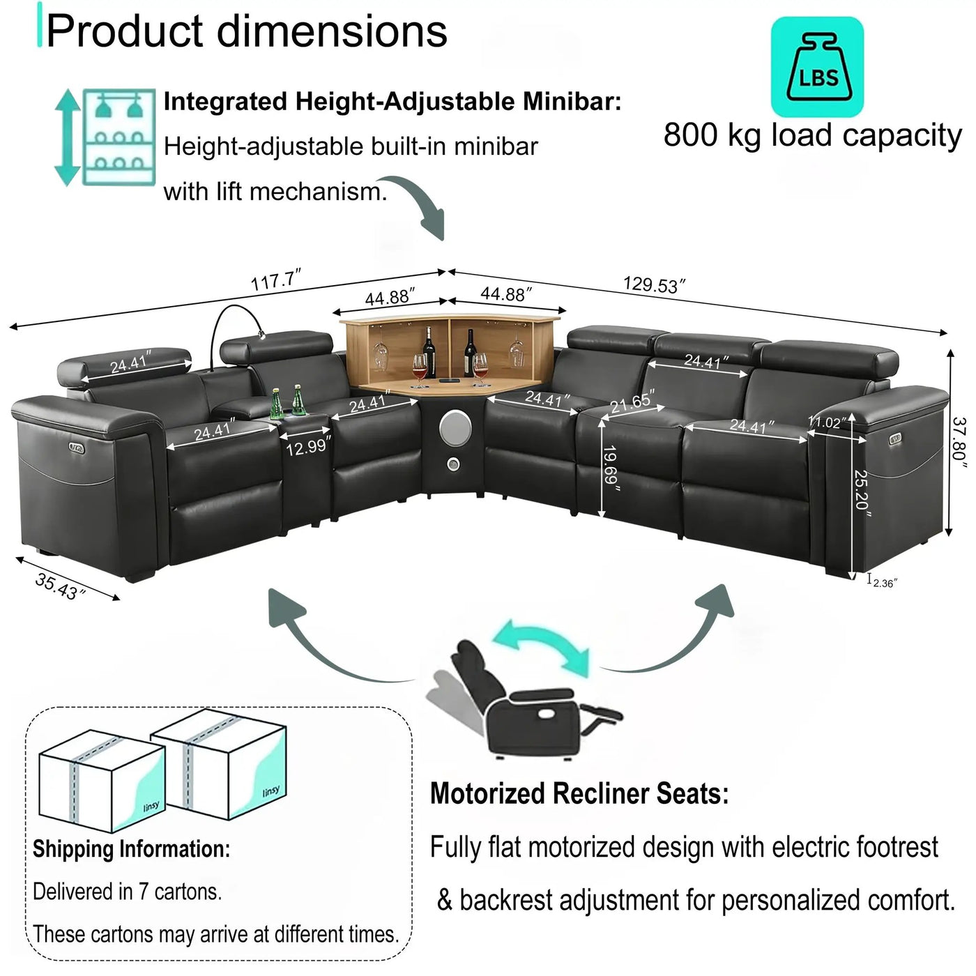 5-Seater Air Leather L-Shaped Powered Recliner Sofa Set with Motorized Lift Cabinet by HouseOfZazla