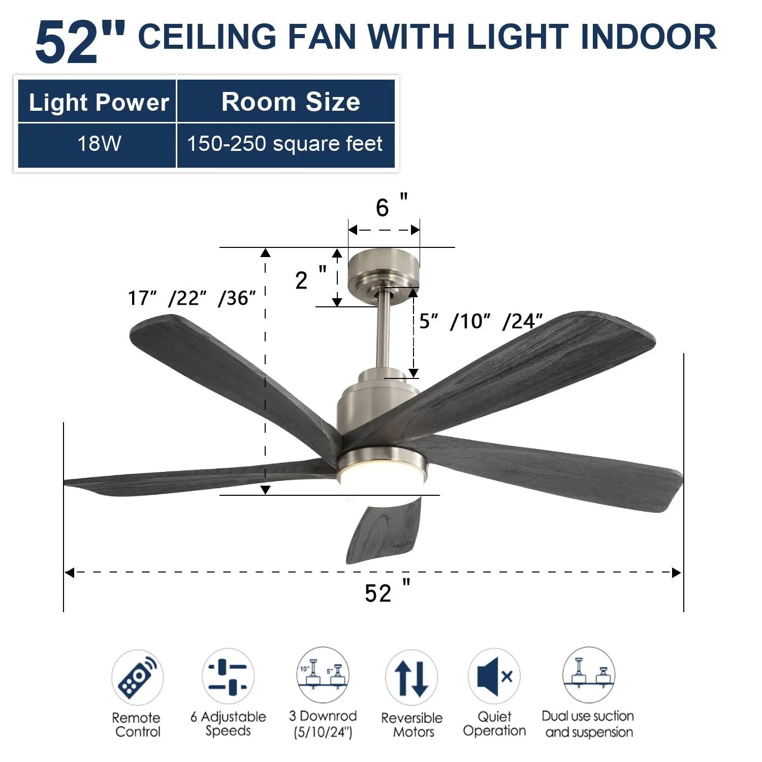 Modern Ceiling Fan With Dimmable LED Light 5 Solid Wood Blades Remote Control Reversible Dc Motor With Smart App Control - Nickel by HouseOfZazla