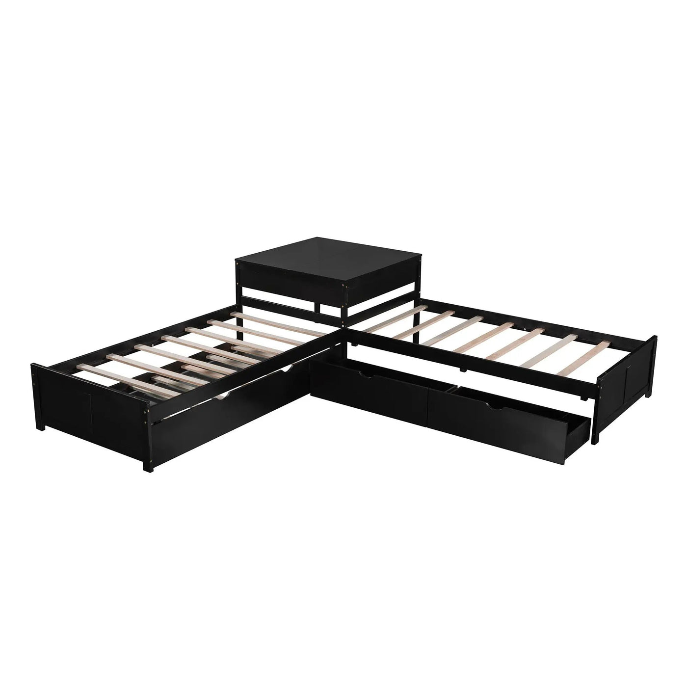 L Shaped Platform Bed With Trundle And Drawers Linked With Built In Desk by HouseOfZazla