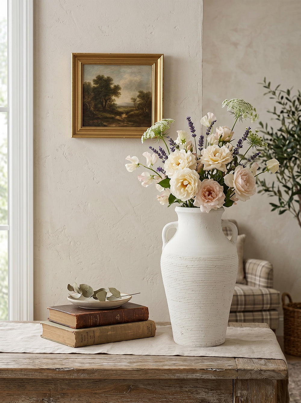 Rustic White Terracotta Tall Vase with Ribbed Texture - White, photo 2 of 10
