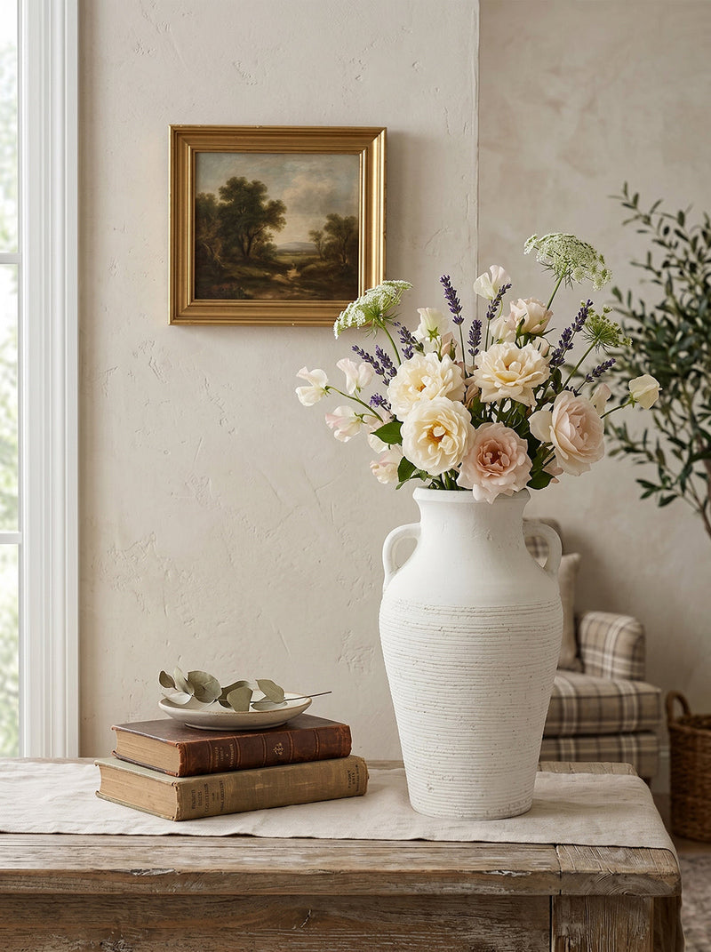 Rustic White Terracotta Tall Vase with Ribbed Texture - White, photo 2 of 10