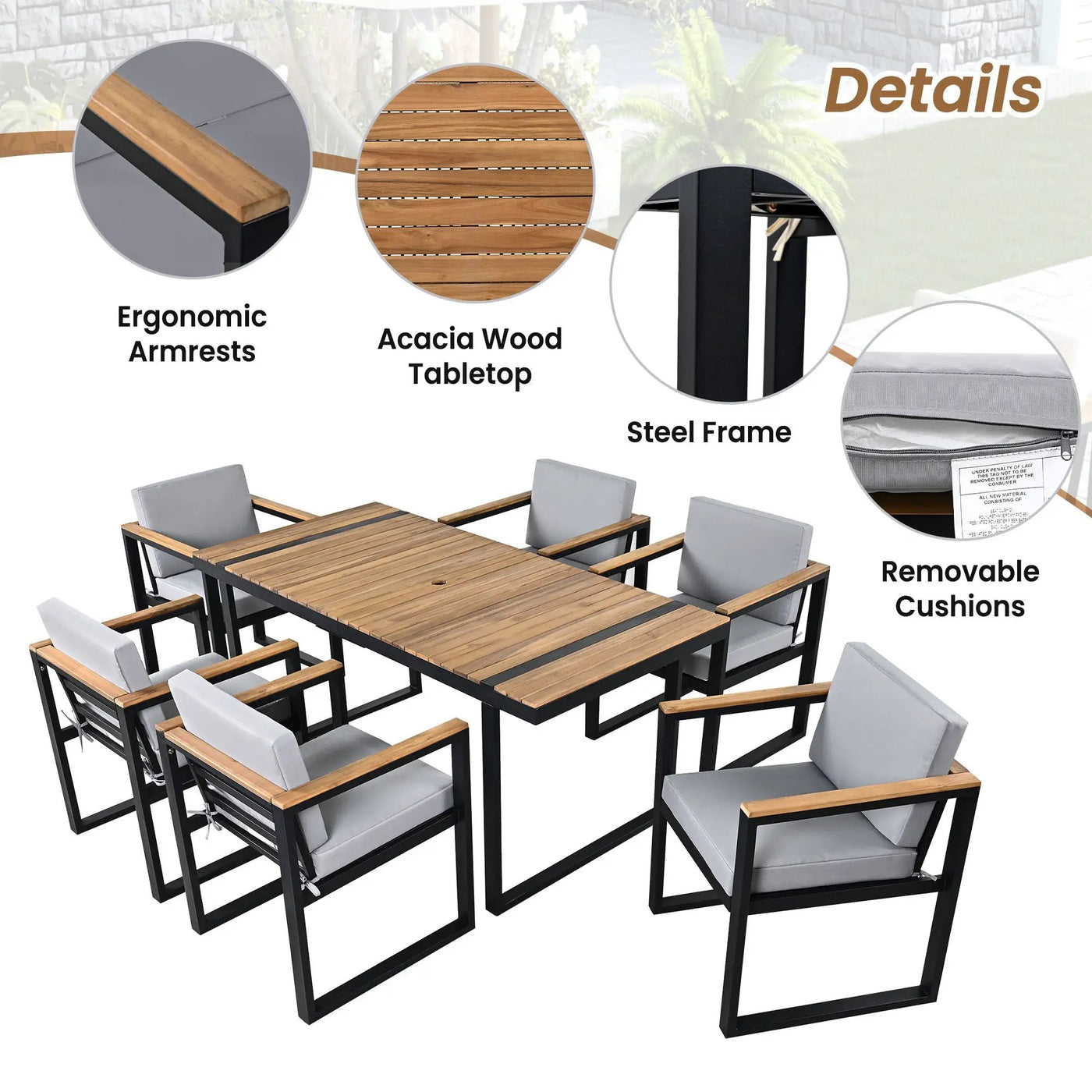 7 Pieces Outdoor Dining Set Patio Dining Table And Chair Set With And Removable Cushions For Patio by Unique Piece Furniture