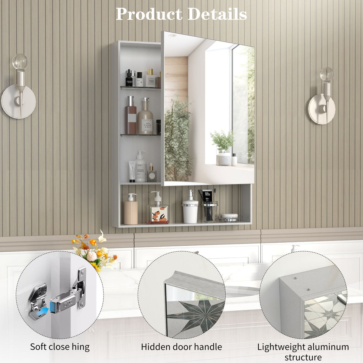 Modern Medicine Cabinet with Mirror and Adjustable Shelves - Black or Pearl Silver, photo 3 of 8