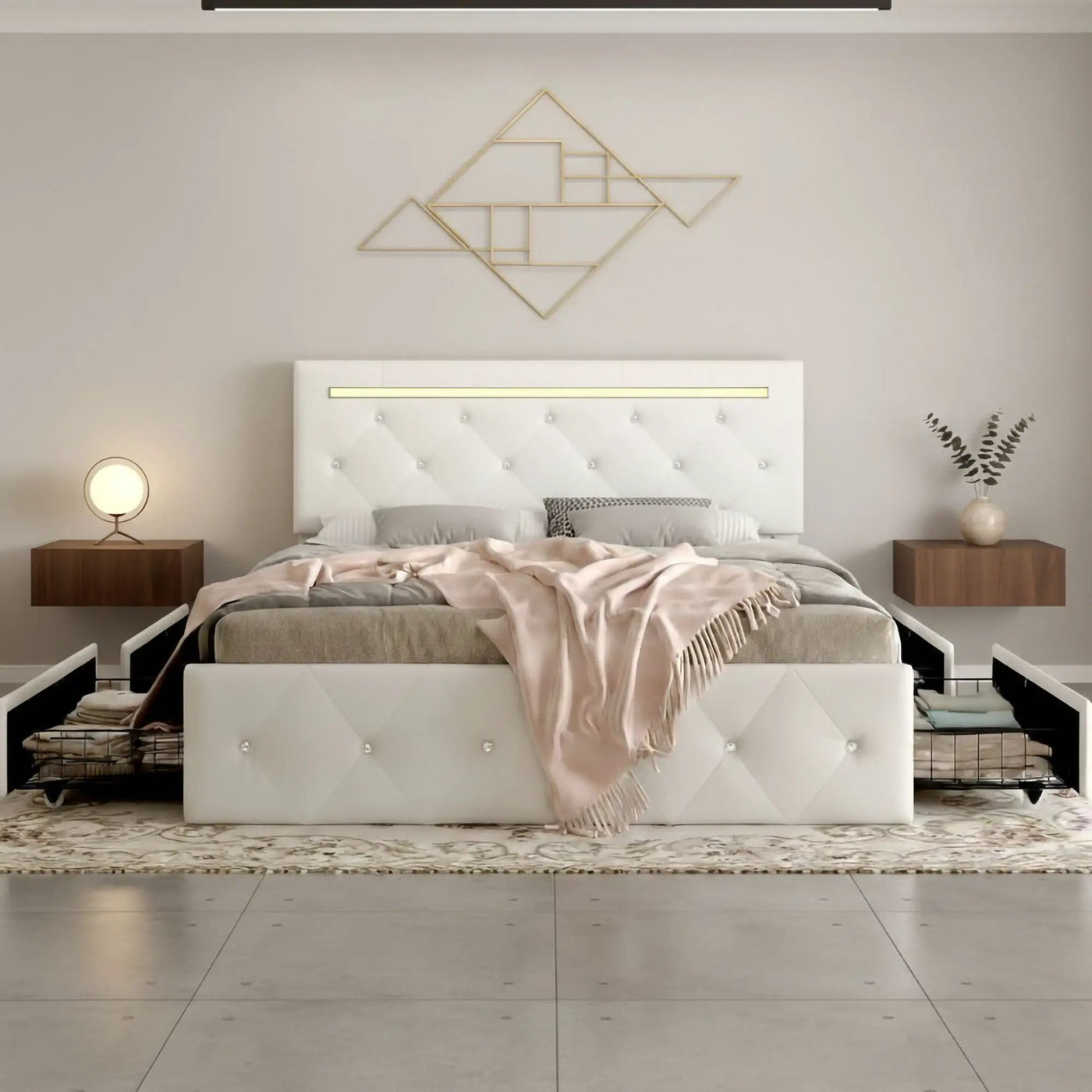 Upholstered Bed Frame With LED Lights, 4 Storage Drawers, Charging Station by HouseOfZazla