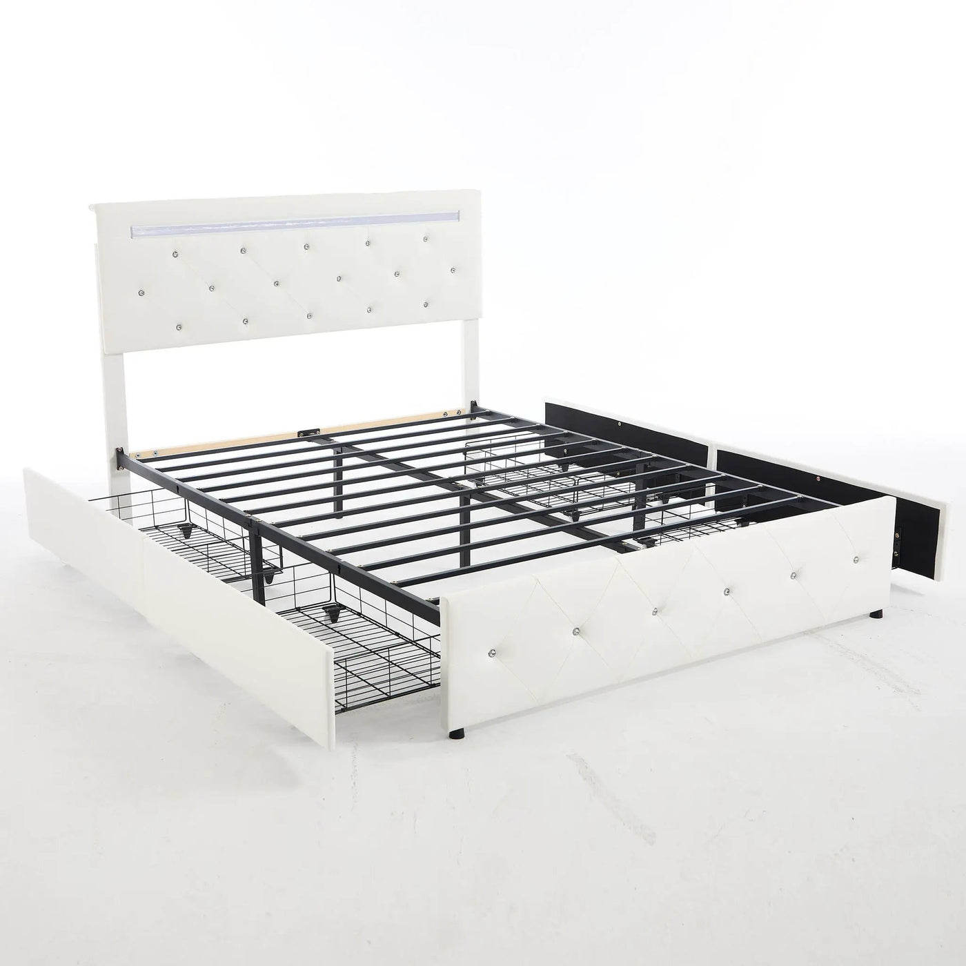 Upholstered Bed Frame With LED Lights, 4 Storage Drawers, Charging Station by HouseOfZazla
