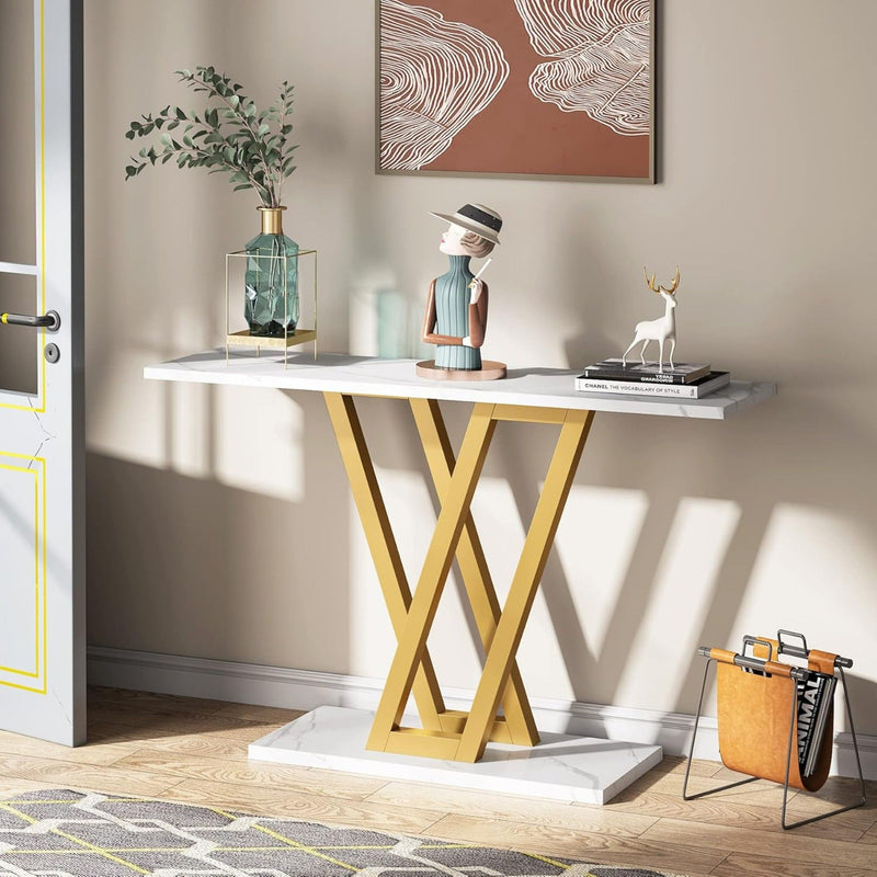 Console Table With Top With V Leg Frame For Hallway, Living Room - White / Gold by HouseOfZazla