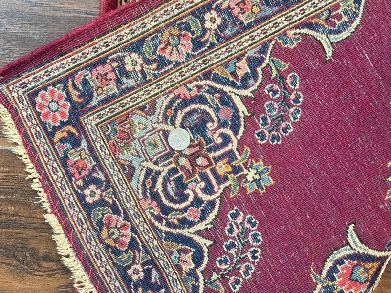 Small Persian Kashan Rug 2x3, Red and Navy Blue, Handmade Vintage Wool Semi Antique Persian Carpet, Semi Open Field, Pair B by Jewel Rugs