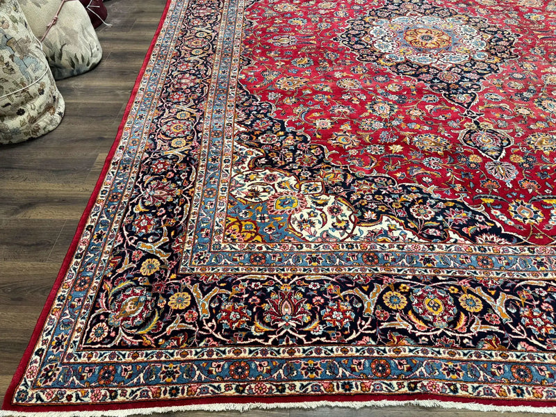 Large Persian Kashan Rug 11x14, Traditional Persian Carpet, Wool, Fine 250 KPSI, Red Navy Blue by Jewel Rugs