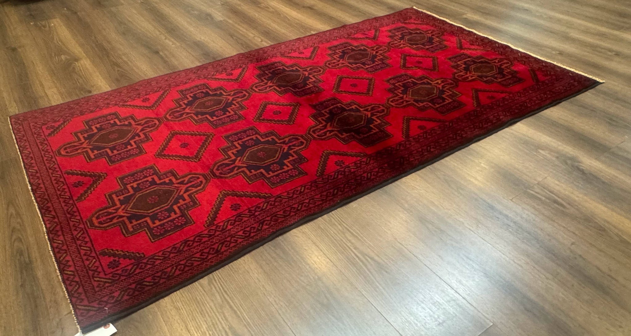 Afghan Rug 4x7, Tribal Carpet, Balouch Rug, Red and Navy Blue, Repeated Medallions, New by Jewel Rugs