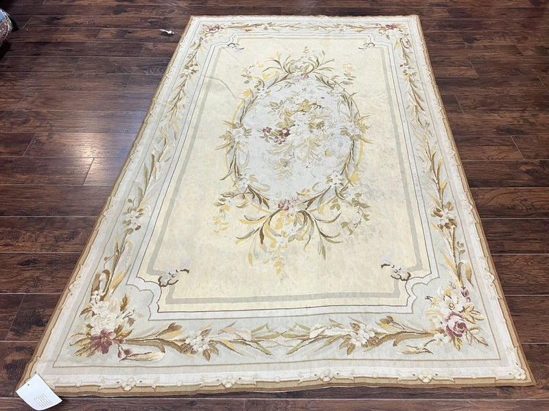 Needlepoint Rug 6x9, Elegant European Design Aubusson Carpet, Vintage Wool Handmade Rug, Light Yellow Ivory by Jewel Rugs
