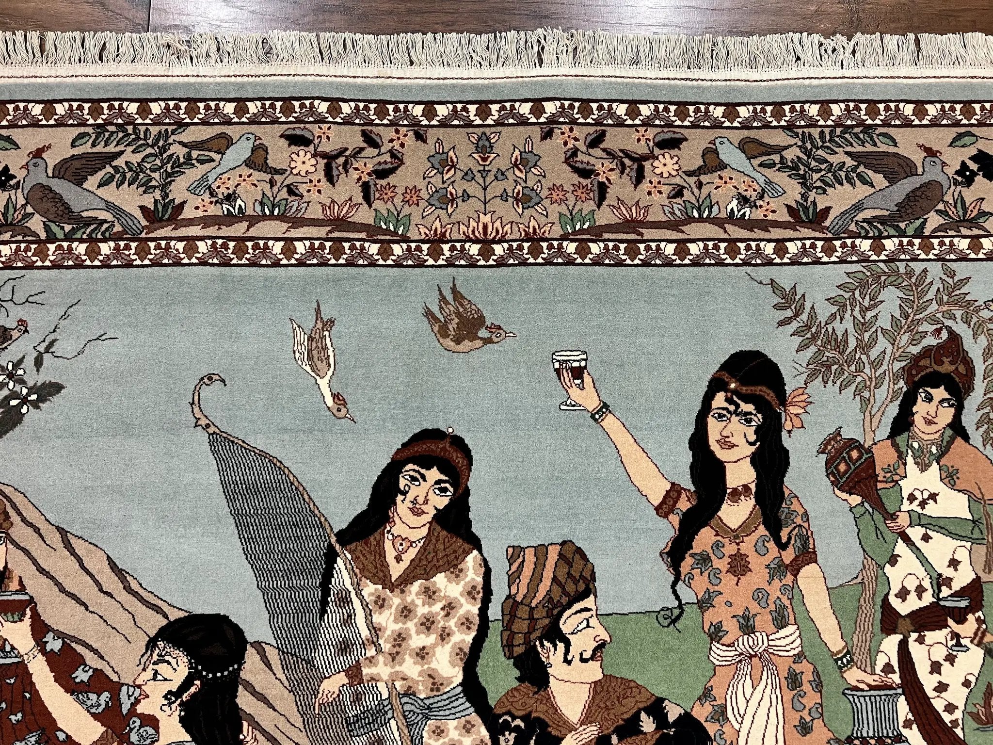 Indo Persian Pictorial Rug 4x7, Handmade Hand Knotted Wool Semi Antique Horizontal Carpet, Men & Women Drinking, Fine Rug, Bird Pictorials by Jewel Rugs