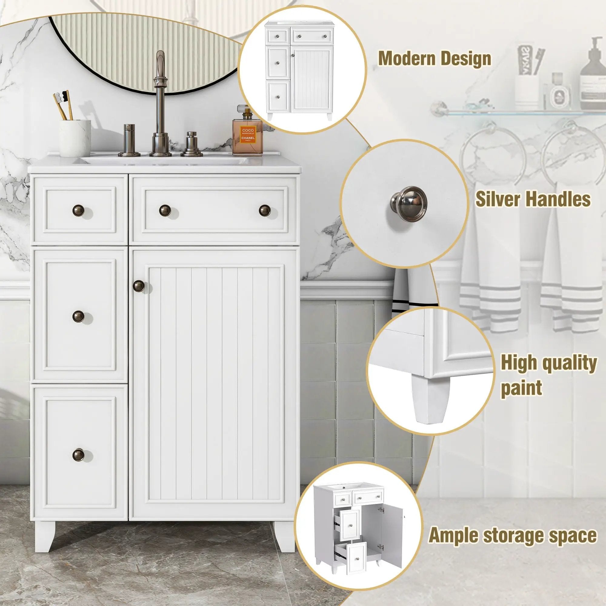 Transitional Style Bathroom Vanity Cabinet With Ceramic Sink by Unique Piece Furniture