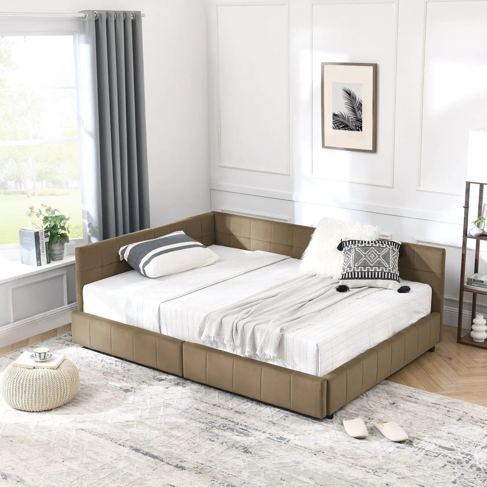 Mid-Century Storage Upholstered Tufted Bed Frame With Backrest And Armrests by Unique Piece Furniture