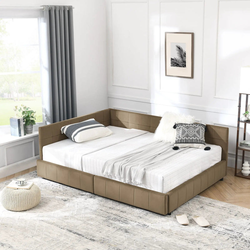 Mid-Century Storage Upholstered Tufted Bed Frame With Backrest And Armrests by HouseOfZazla