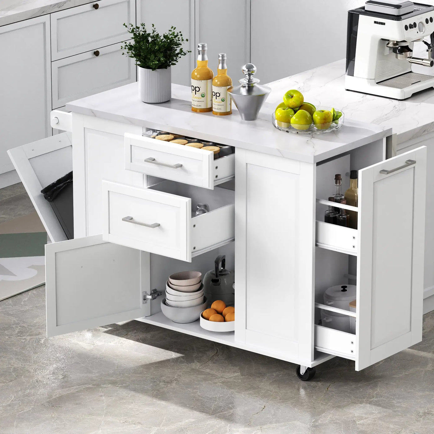 K&K Kitchen Island with Storage Tilt Trash Can Cabinet by HouseOfZazla