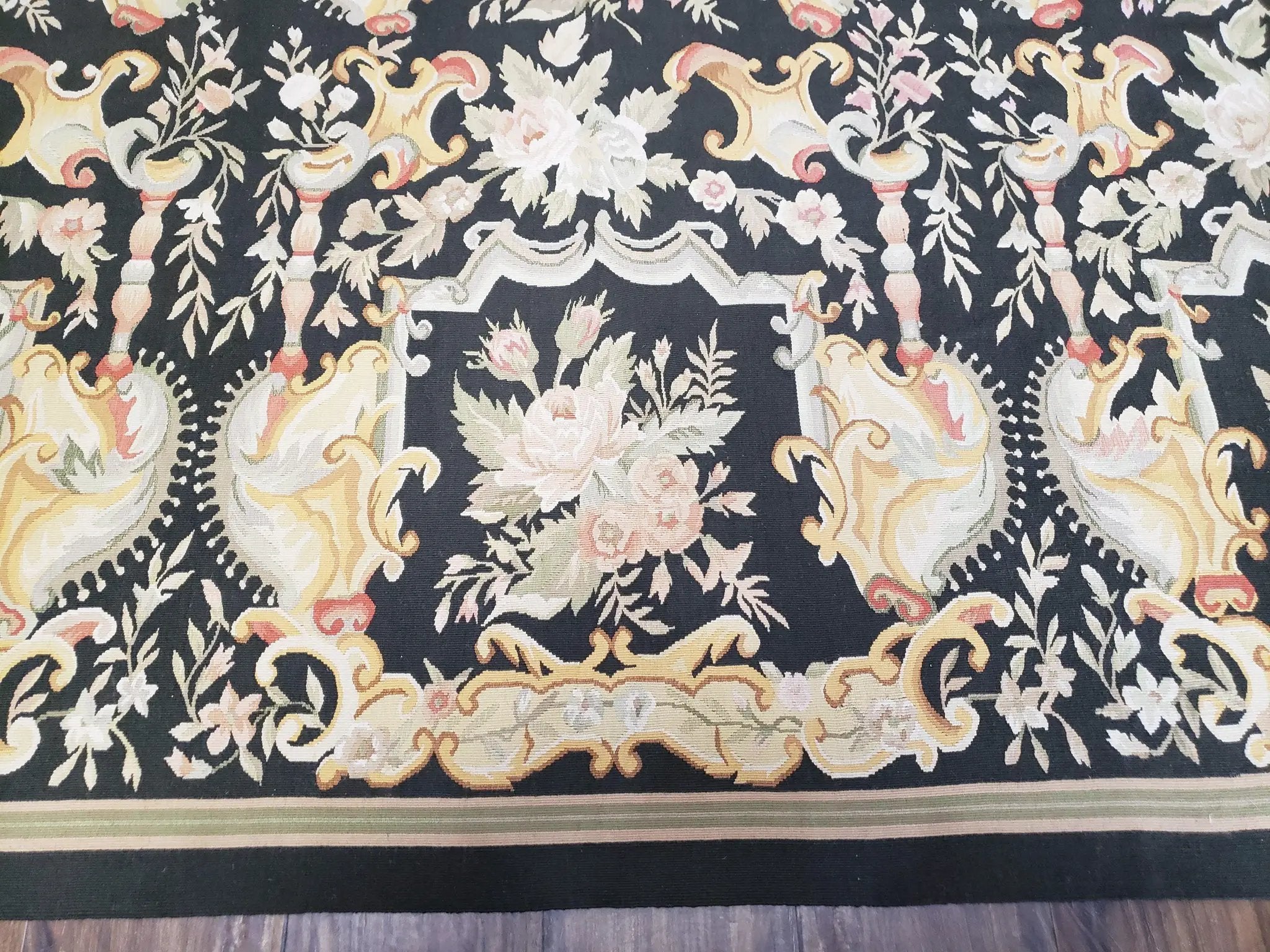 Vintage Black Aubusson Area Rug 8x10, Large Flowers Chinese Aubusson Carpet 7.9 x 10, Wool Hand-Knotted Floral Pattern Flat Weave Rug Nice by Jewel Rugs