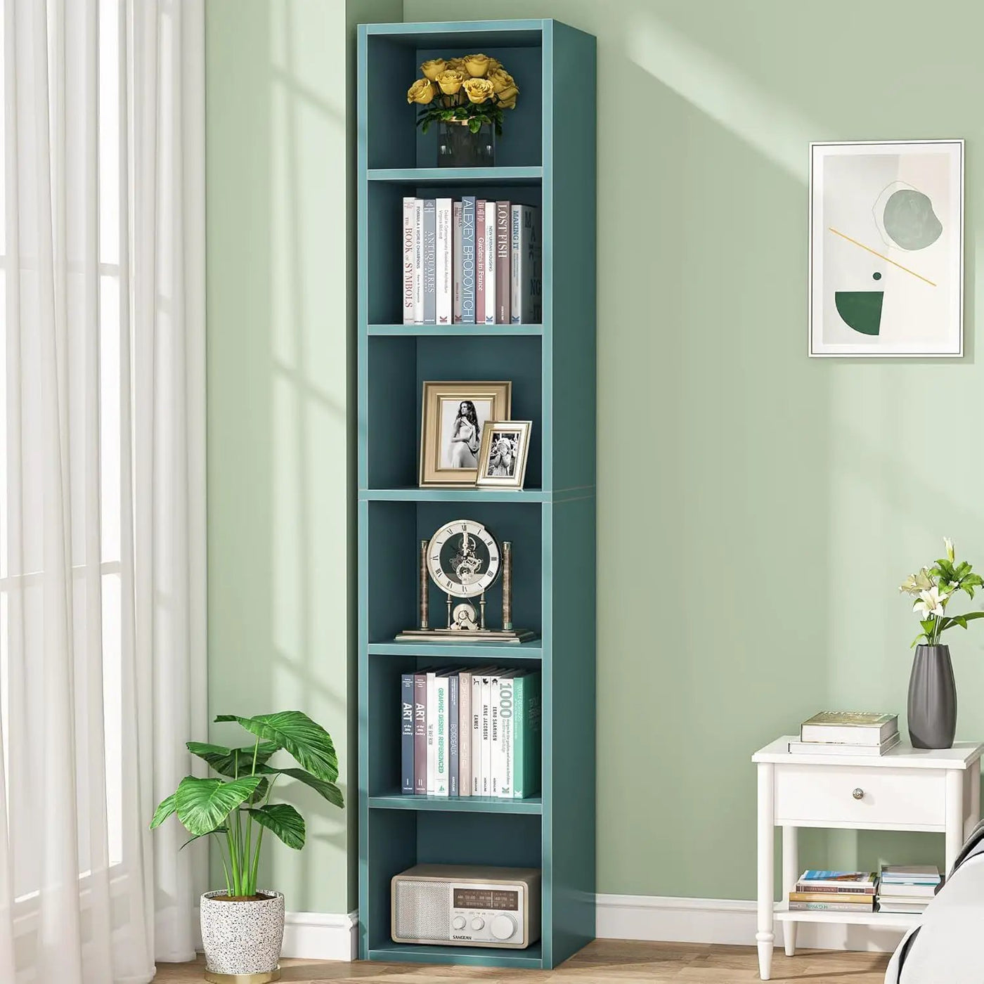 6 Tier Narrow Corner Cube Bookcase Storage, Freestanding Shelf With Open Cubes For Living Room by HouseOfZazla
