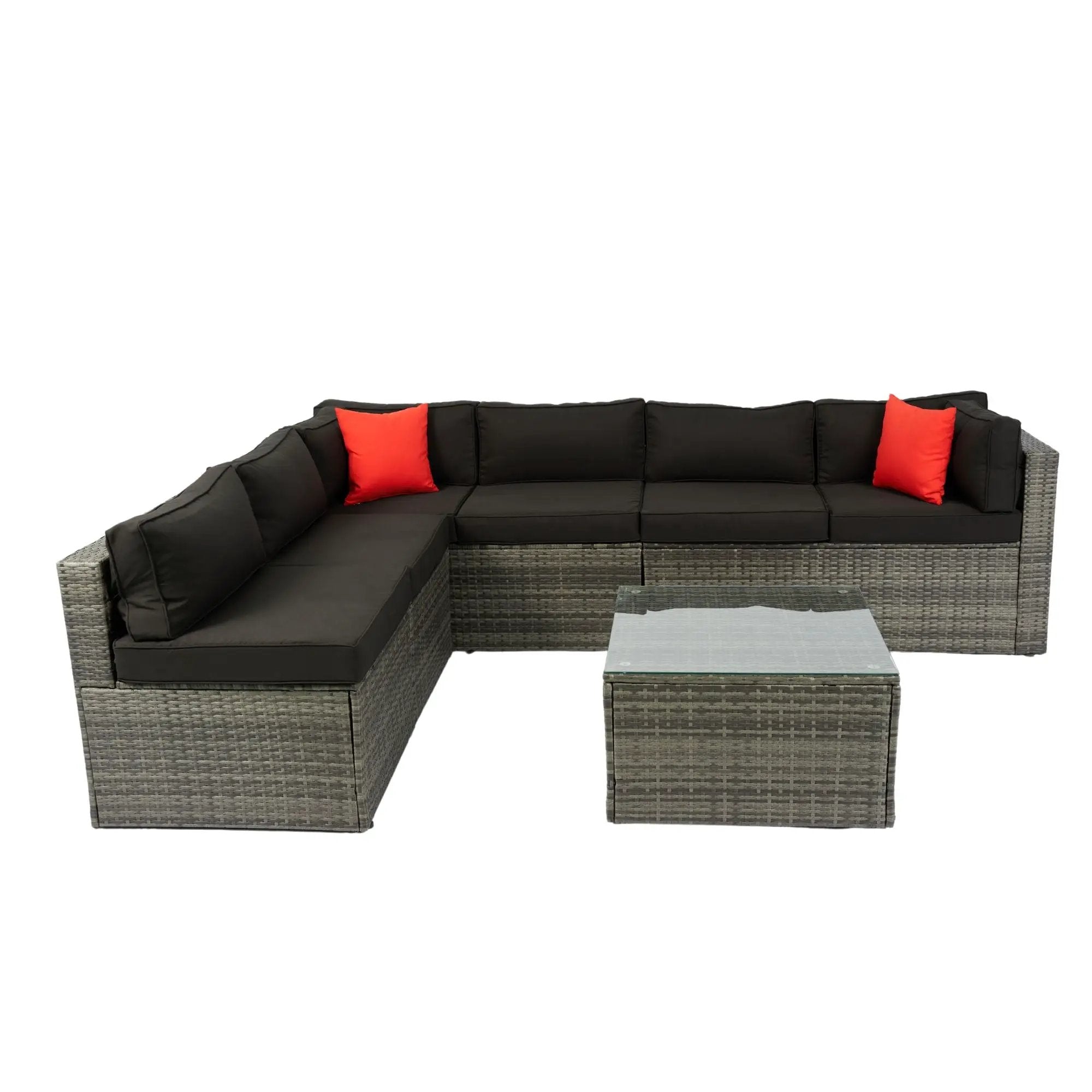 5 Pieces Rattan Sectional Outdoor Furniture Cushioned U Sof Set With 2 Pillow - Gray / Black by HouseOfZazla
