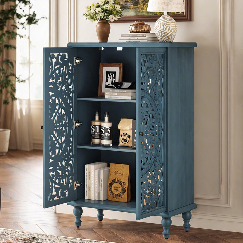 Farmhouse Accent Storage Cabinet, 2 Door Decorative Cabinet with Hollow Carved Doors, Adjustable Shelf, Freestanding Display Cabinet with Turned Legs for Entryway Living Room Dining Room,Antique, photo 4 of 10