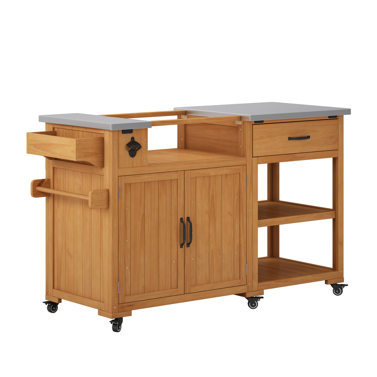 TOPMAX 55.4" Outdoor Solid Wood Kitchen Cart, Stainless Top Grill Cart, Kitchen Island with Spice Rack, Drawer, Adjustable Shelves and 4 Door Racks  for Patio, Deck, photo 10 of 10