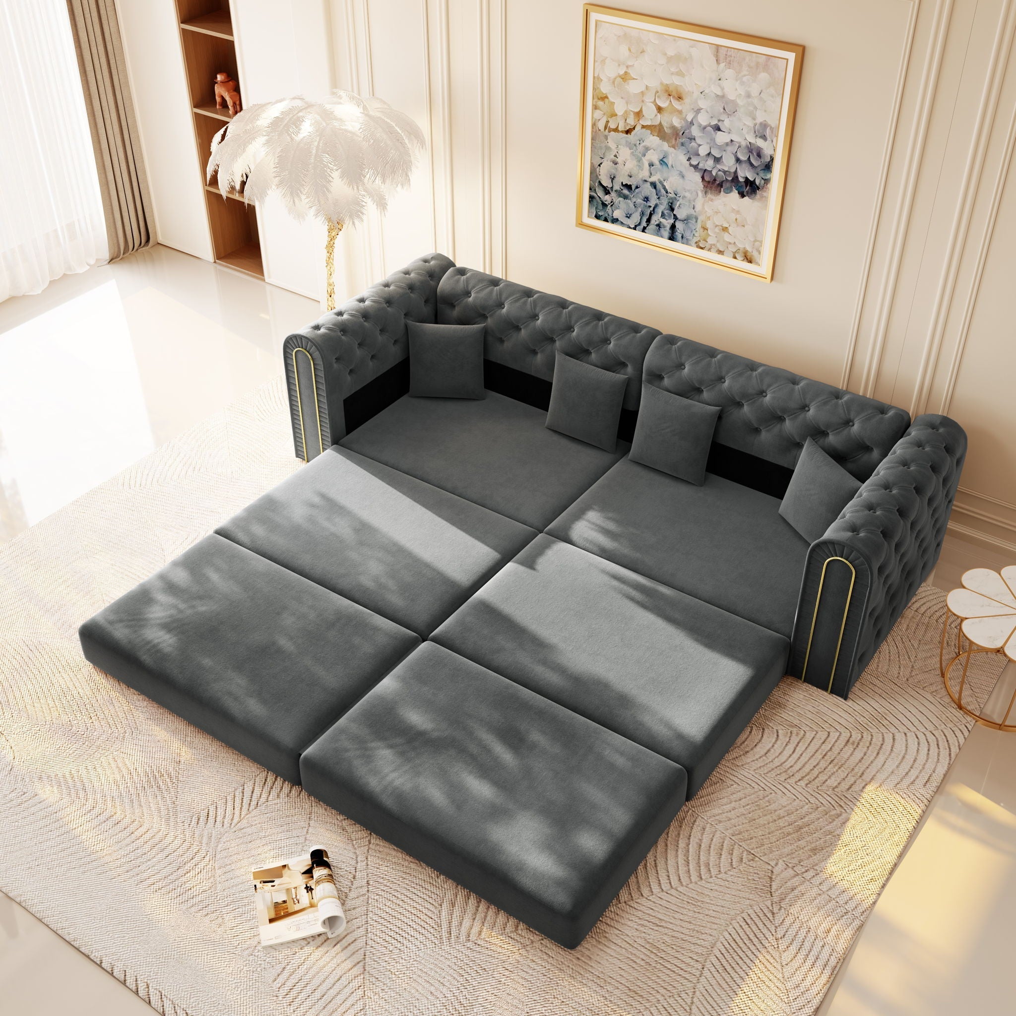 3-In-1 Convertible Sleeper Sofa With Movable Ottoman For Living Room