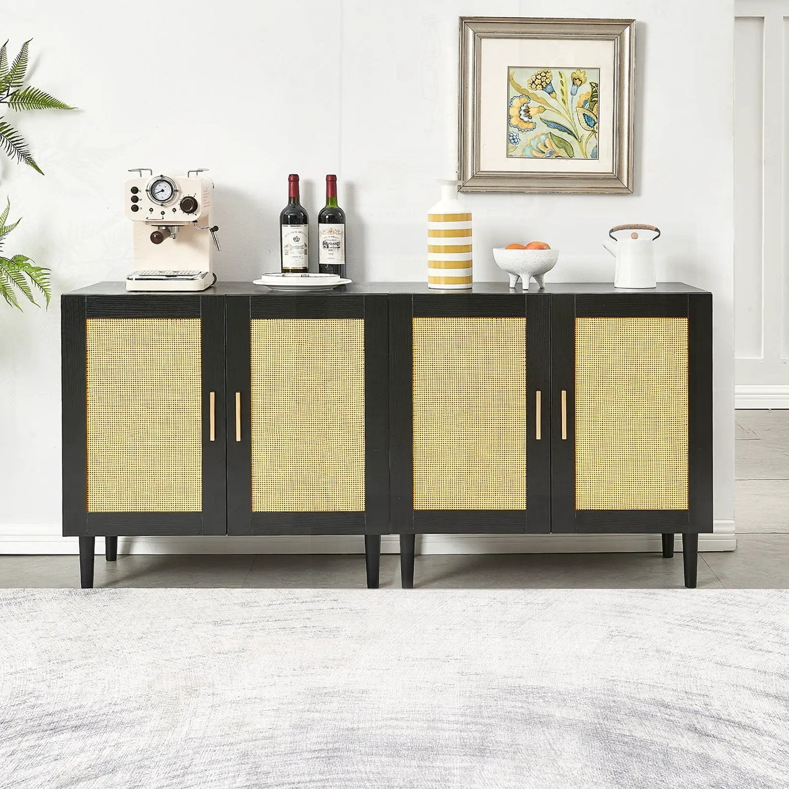 Side Panel Buffet Cabinet With Natural Rattan Door, Rattan Storage Cabinet With Adjustable Shelves, Side Panel And Buffet With Storage Space, Modern Console Cabinet In Bedroom And Living Room - Black / Beige by HouseOfZazla