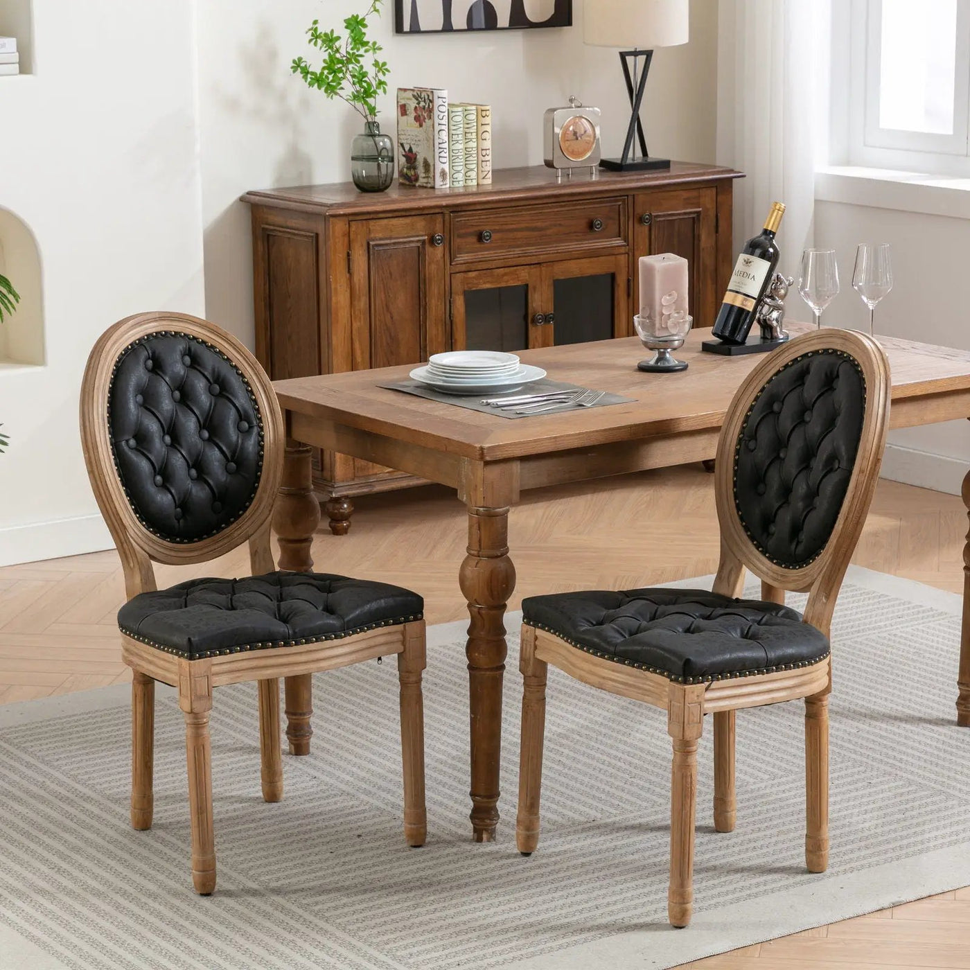 French Style Solid Wood Frame Antique Painting, Hand-Pulled Buckle Decoration Artificial Dining Chair With Nailhead Trim, Wood Legs by HouseOfZazla