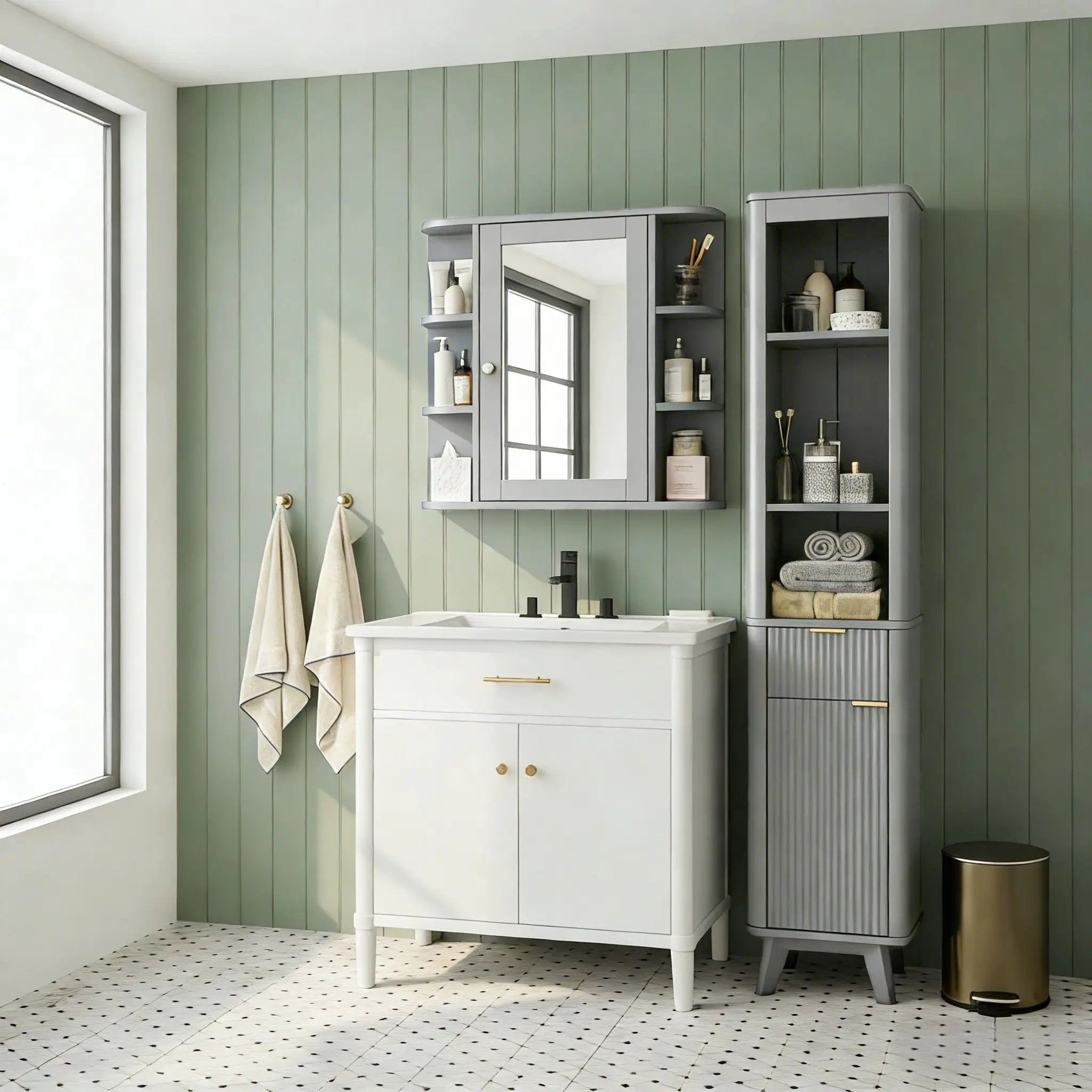 Bathroom Wall Storage Cabinet With Mirror And Adjustable Shelf, 6 Open Shelves by HouseOfZazla