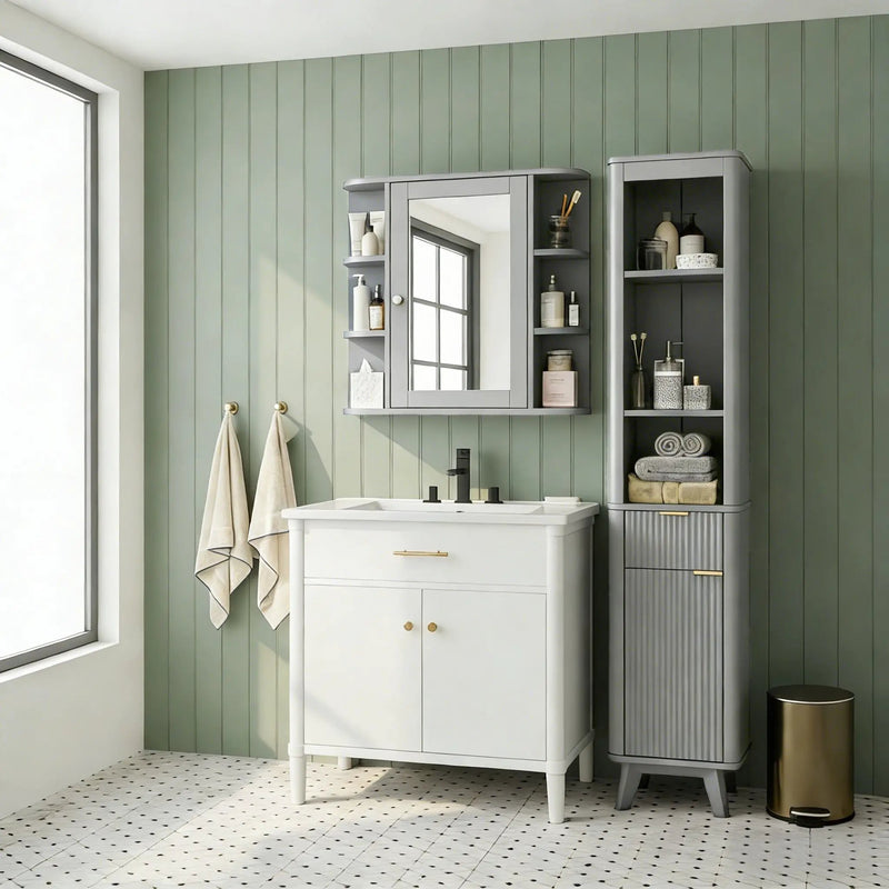 Bathroom Wall Storage Cabinet With Mirror And Adjustable Shelf, 6 Open Shelves by HouseOfZazla