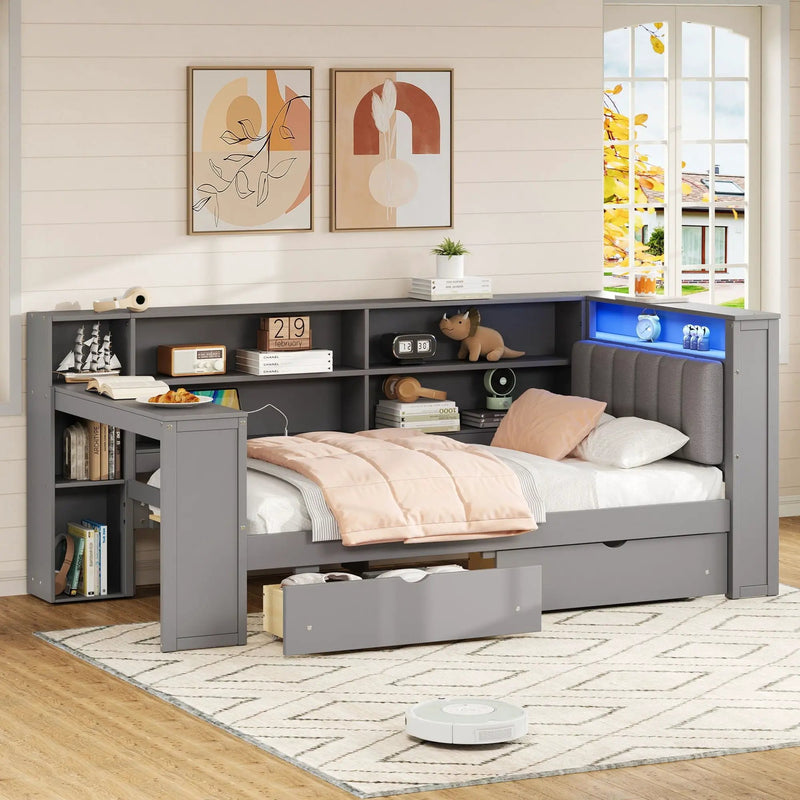 Platform Bed With Upholstered Headboard, Storage Shelves, Drawers, Charging Station, LED Lighting, Built In Desk by Unique Piece Furniture