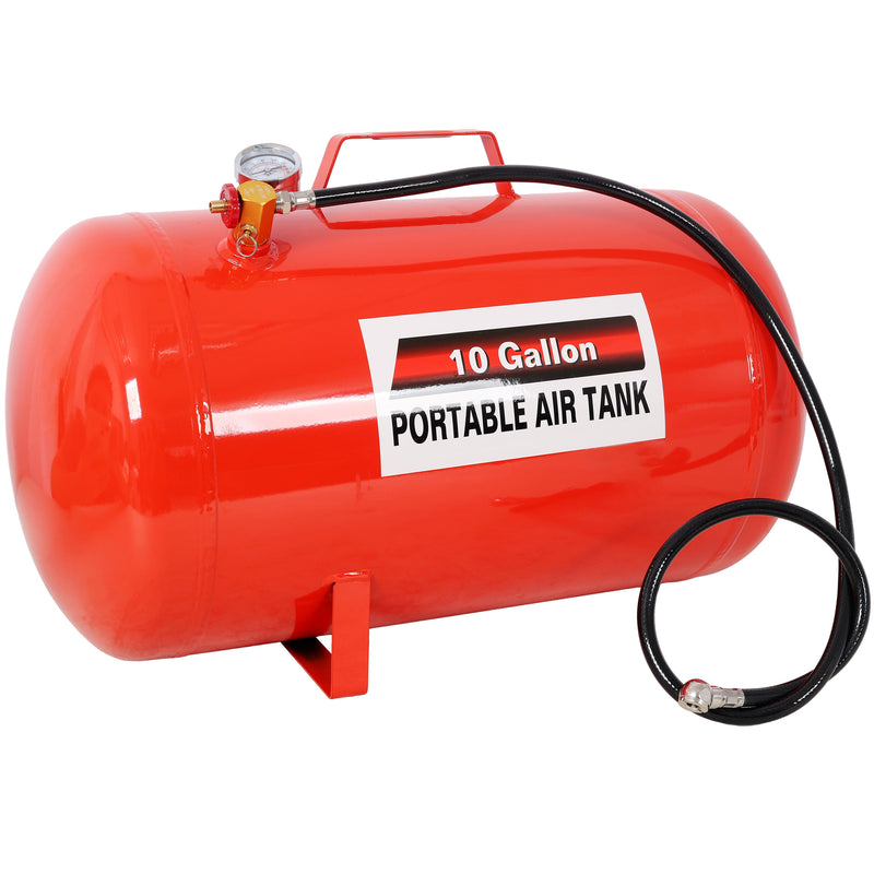 Portable 10 Gallon Air Tank with Pressure Gauge and 43" Hose - Metal