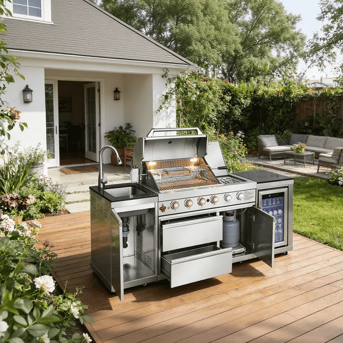 85.2" 4+1 Burner 71500 BTU Silver Outdoor Kitchen Island Grill + Sink + Refrigerator by Chery Industrial