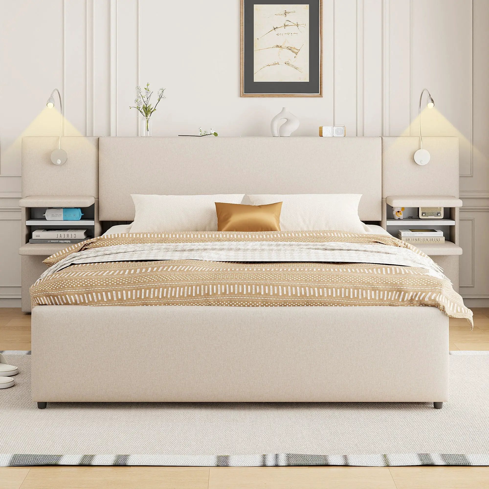 Upholstered Platform Bed With Reading Lights, Drawers, Trundle And Shelves by HouseOfZazla