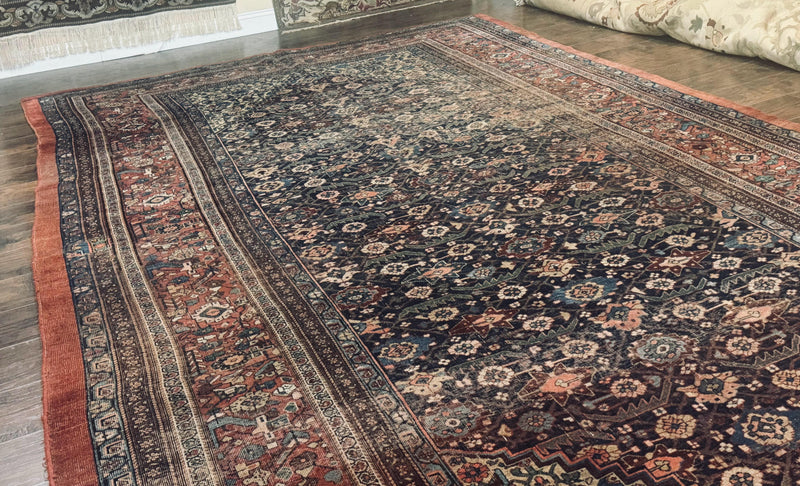 Antique Persian Bidjar Rug 8x15 – Navy Blue, Herati Pattern, Early 20th Century by Jewel Rugs