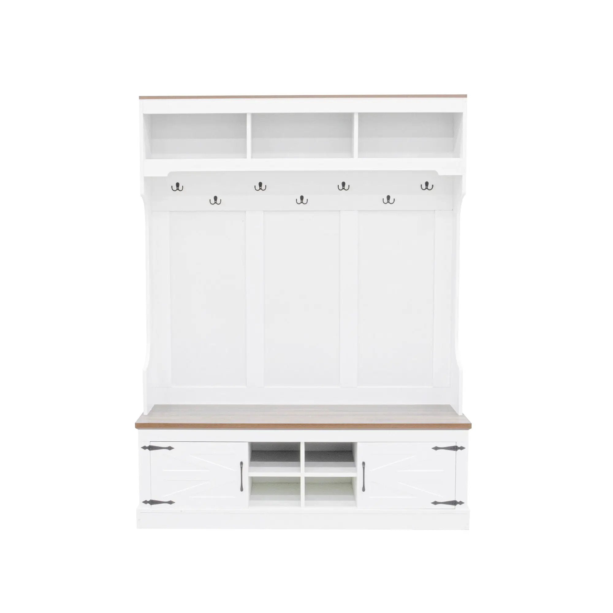 Hall Tree With Bench And Shoe Storage, 5 In 1 Entryway Organizer Cabinet With Coat Rack, 4 Shoe Cubbies & 7 Hooks - White by HouseOfZazla