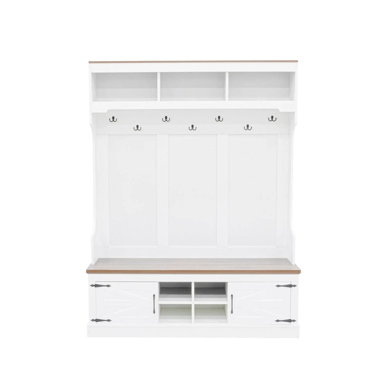Hall Tree With Bench And Shoe Storage, 5 In 1 Entryway Organizer Cabinet With Coat Rack, 4 Shoe Cubbies & 7 Hooks - White by HouseOfZazla